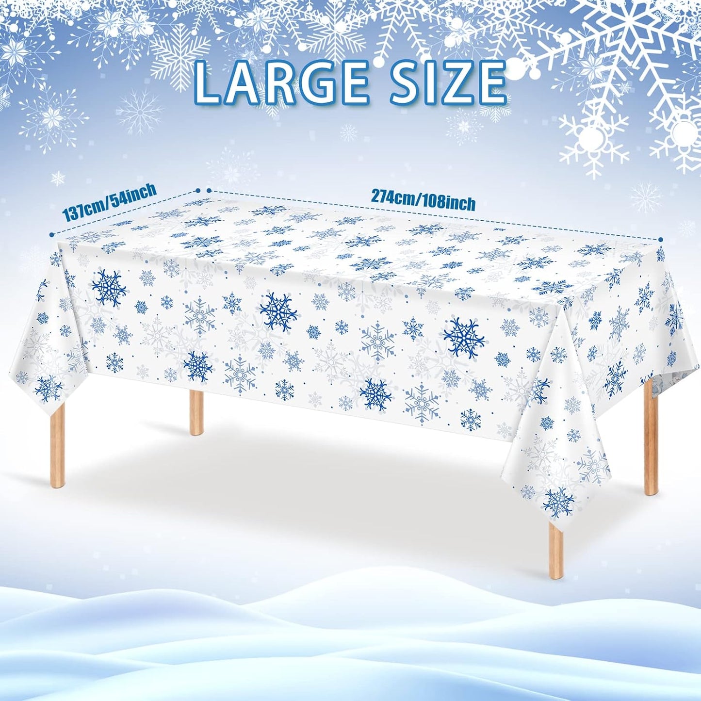 3 Pieces Snowflake Christmas Party Tablecloth Decorations,Plastic White Snowflake White Blue Xmas Backdrop Sign Table Cover Banner for Winter Christmas Holiday Party Supplies,54x108 inch（White/Blue）