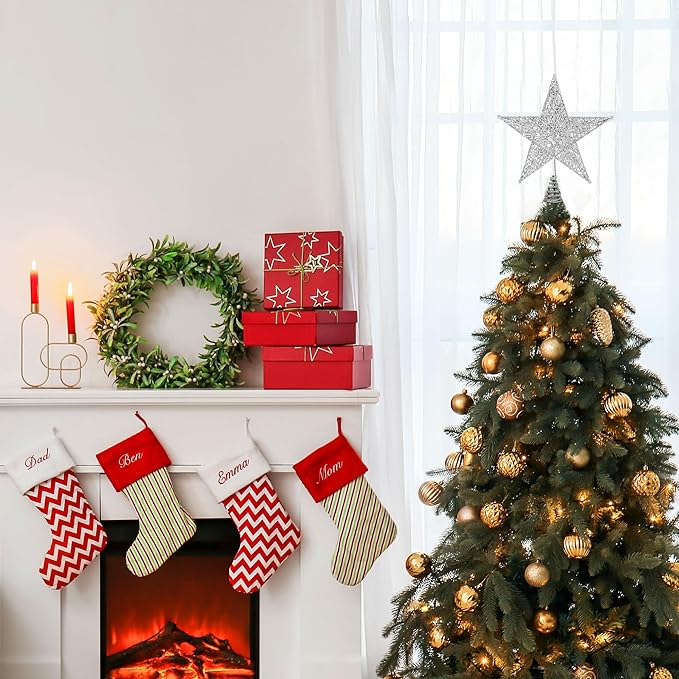 Fovths Christmas Tree Topper 6 Inches Metal Glittered Christmas Tree Topper Wire Star Treetop Sparkle Xmas Decoration for Christmas Tree Ornament Indoor New Year Holiday Party Supplies (Silver)