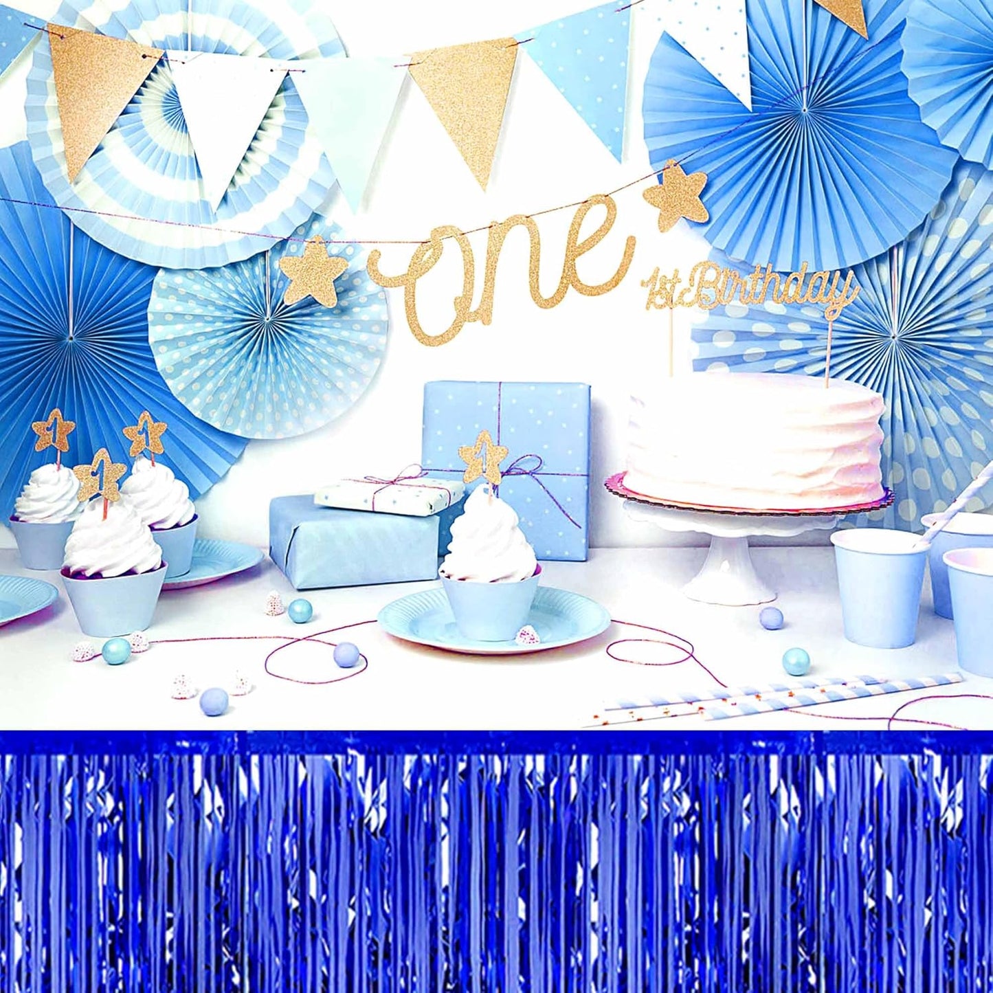 3 Pack 29 x108 Inch Blue Foil Fringe Table Skirts Metallic Banner for Tinsel Streamer Garland Backdrop for Parade Floats Mother's Day, Graduate, Birthday, Wedding Party Decoration