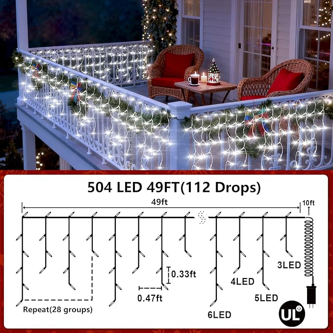 504 LED Fairy lights for Bedroom, 50ft Christmas Window Lights with 112 Drops 12 Modes, Dimmable Curtain Lights, String Lights Indoor Outdoor for Holiday Wedding Party Home Decorations, Cool White