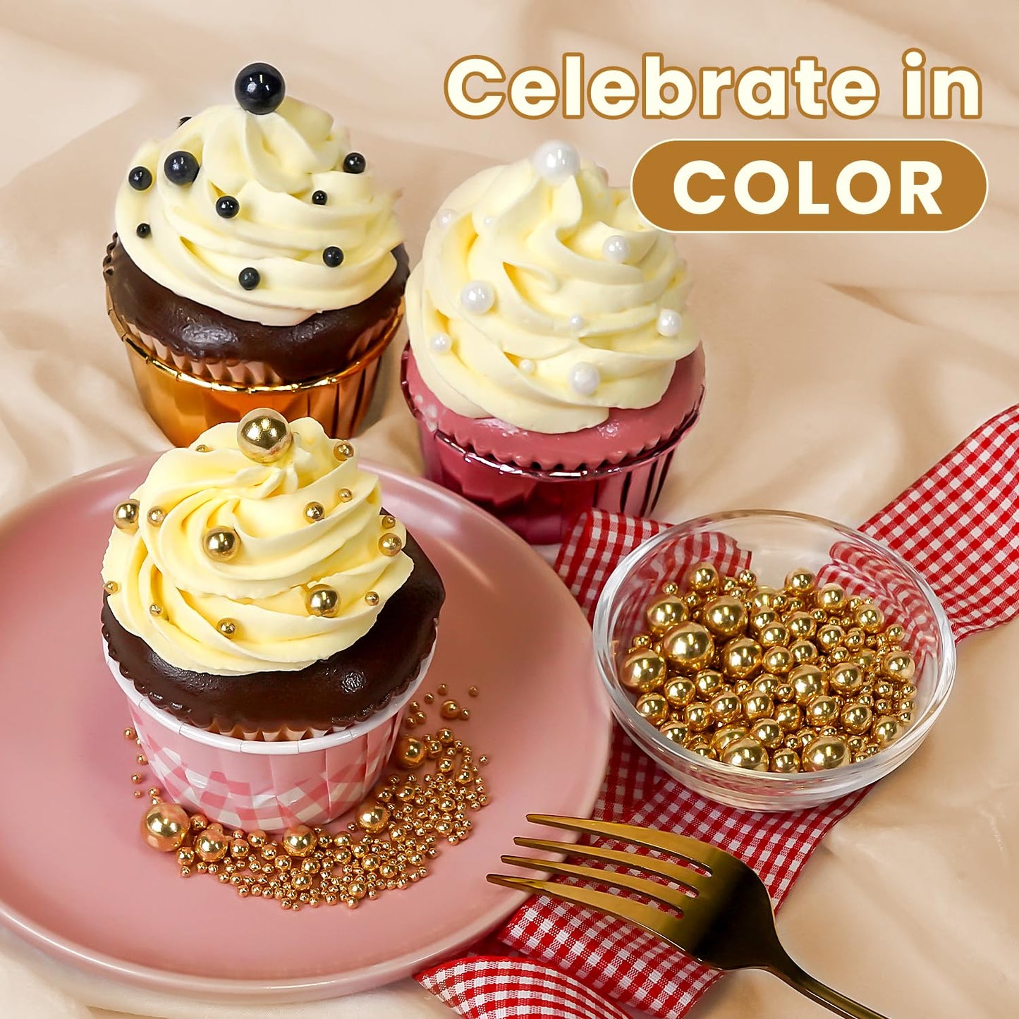 Gold Pearl Sprinkles, Edible Sugar Pearl, Bright Sprinkles 180g/6.35oz, Gold Pearls for Cake Decorating, Edible Cake Decorations, Cupake Toppers, Wedding Party Supplies