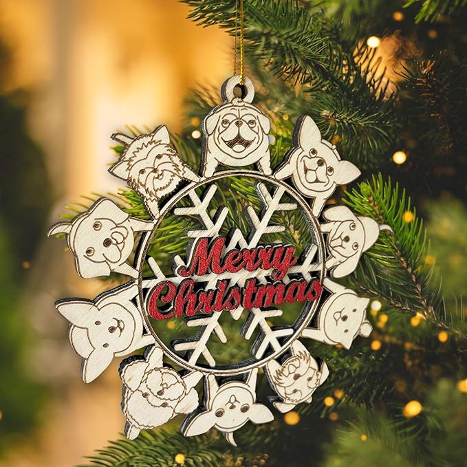 Dogs Snowflake Merry Christmas Wooden Ornament – Dog Lover Christmas Tree Decoration - Dog-Themed Holiday Ornament for Tree Hanging Ornament