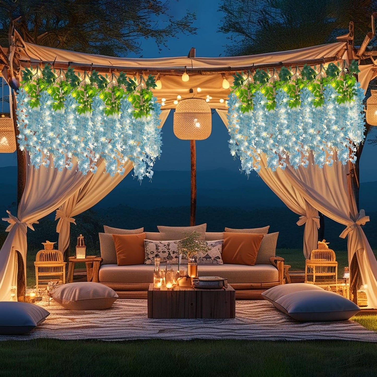 12 Pack Lake Blue Wisteria Hanging Flowers Garland with Lights, 3.44 Feet Artificial Flower Vines, Fake Wisteria, Artificial Vines Hanging Garland for Backdrop Outdoor Patio Garden Decor