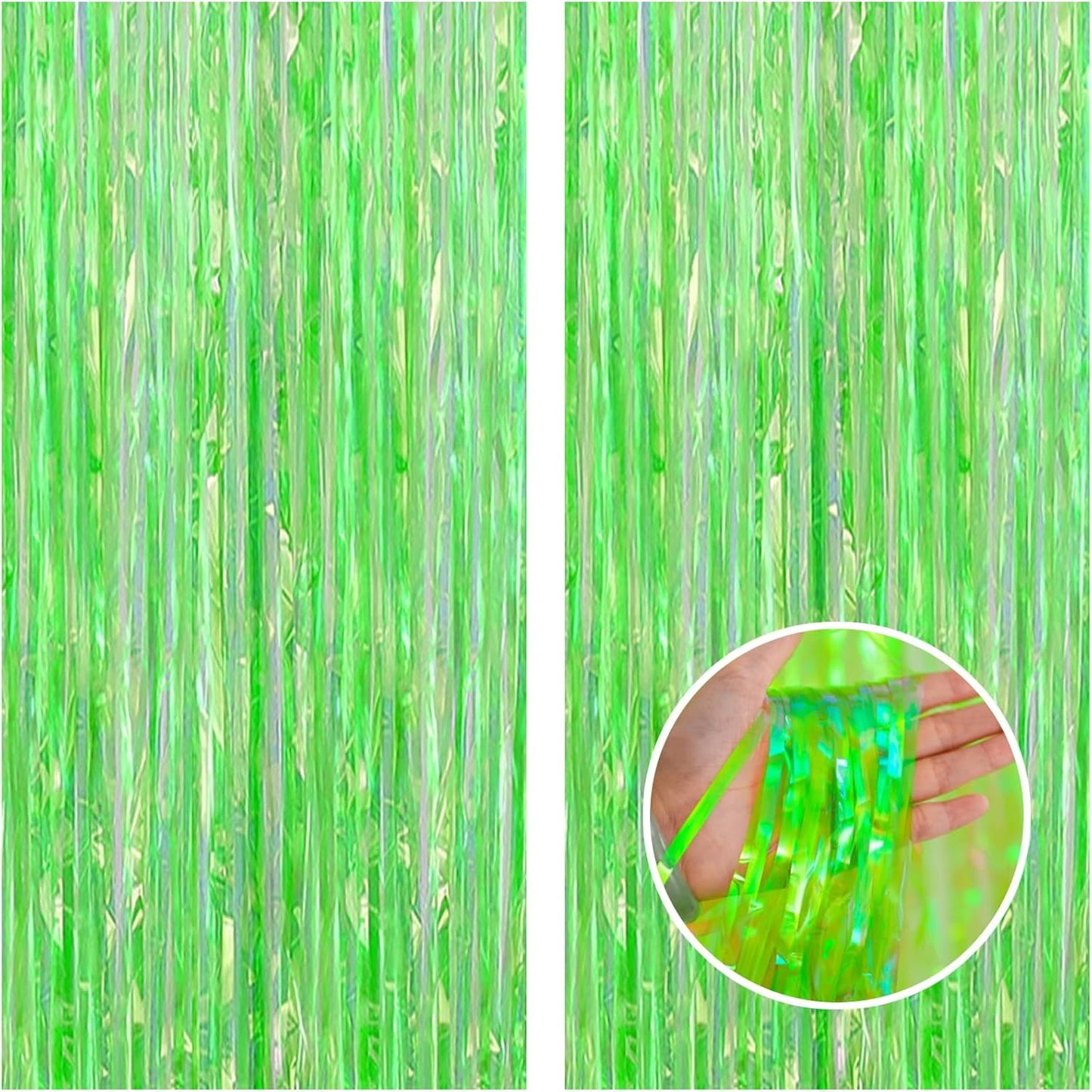 CANREVEL 2 Pack 3.2x6.5 Feet Iridescent Foil Fringe Backdrop Curtains, Clear Green Tinsel Photo Booth Props Streamers Party Decorations for Birthdays Jungle Safari Tropical Party Christmas Decorations
