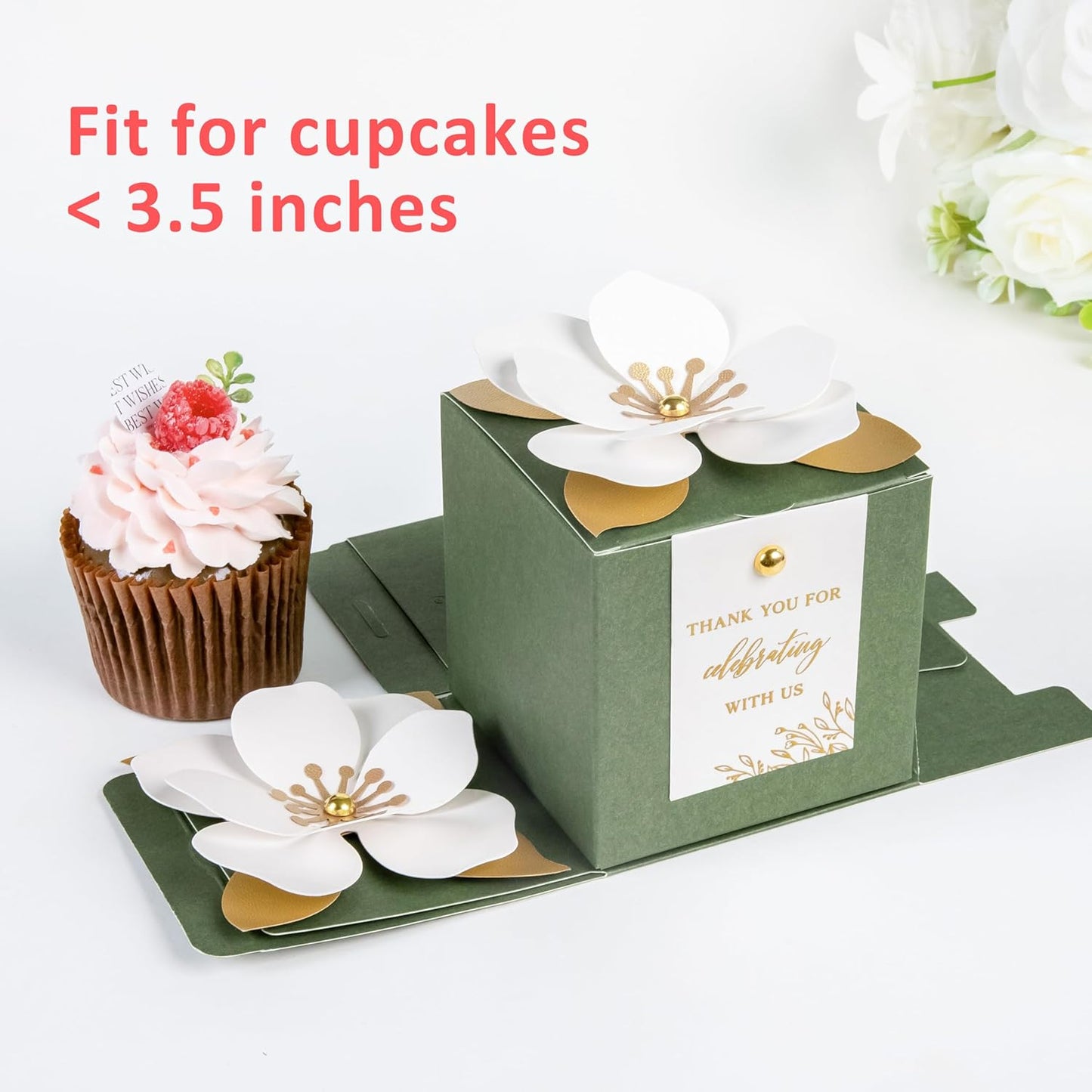 FEIYI 20 PCS Gift Boxes, 3 In 1 Olive Green Favor Boxes with Floral Decor, White Thank You Tags Cupcake Containers Gift wrapping for Wedding, Baby Shower, Birthday, Decorations Party - 3.55x3.55x3.55