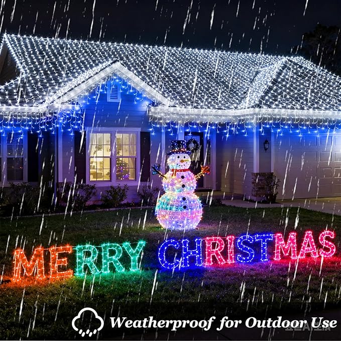 504 LED Fairy lights for Bedroom, 50ft Christmas Window Lights with 112 Drops 12 Modes, Dimmable Curtain Lights, String Lights Indoor Outdoor for Holiday Wedding Party Home Decorations, Blue & White