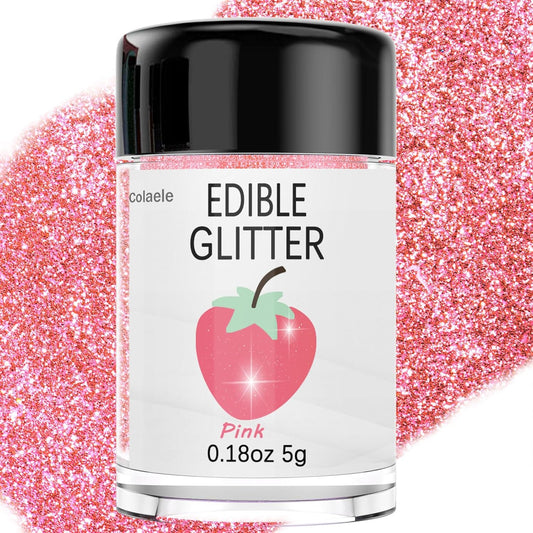Pink Edible Glimmer Powder Glitter - Colaele 5 grams Food-Grade Luster Dust Metallic Fancy Food Decorating Sprinkle Glimmery Brew Dust for Cake Decorations Drinks Wine Beverage Candy Dessert, Vegan