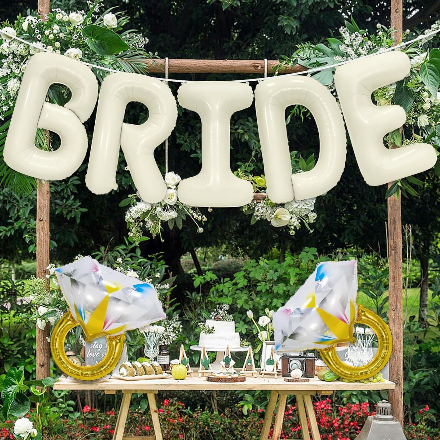 40 Inch Beige BRIDE Balloons Luxury Wedding Decor for Bridal Shower, Larger Cream White "BRIDE" Foil Letter with 2 Giant Diamond Ring Balloons, Bachelorette Engagement Wedding Party Favors
