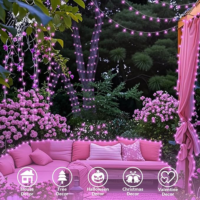 YEGUO Pink Christmas Lights Outdoor Waterproof, 165ft 500 LED String Lights Indoor, 8 Modes Clear Wire Fairy Light Plug in for Party Tree Valentines Wedding