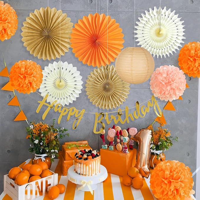 SUNBEAUTY Orange Birthday Party Decorations for Girls Women with Happy Birthday Banner Fall Hanging Paper Fans Tissue Pom Poms Lanterns for Thanksgiving Harvest Friendsgiving Autumn Wedding Decor