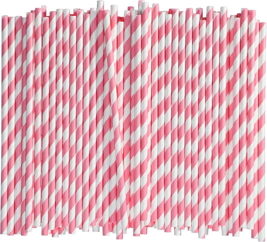[1000 Count] Chunspak Pink and White Striped Paper Drinking Straws Bulk, 7.75" x0.24", Unwrapped - Biodegradable and Compostable