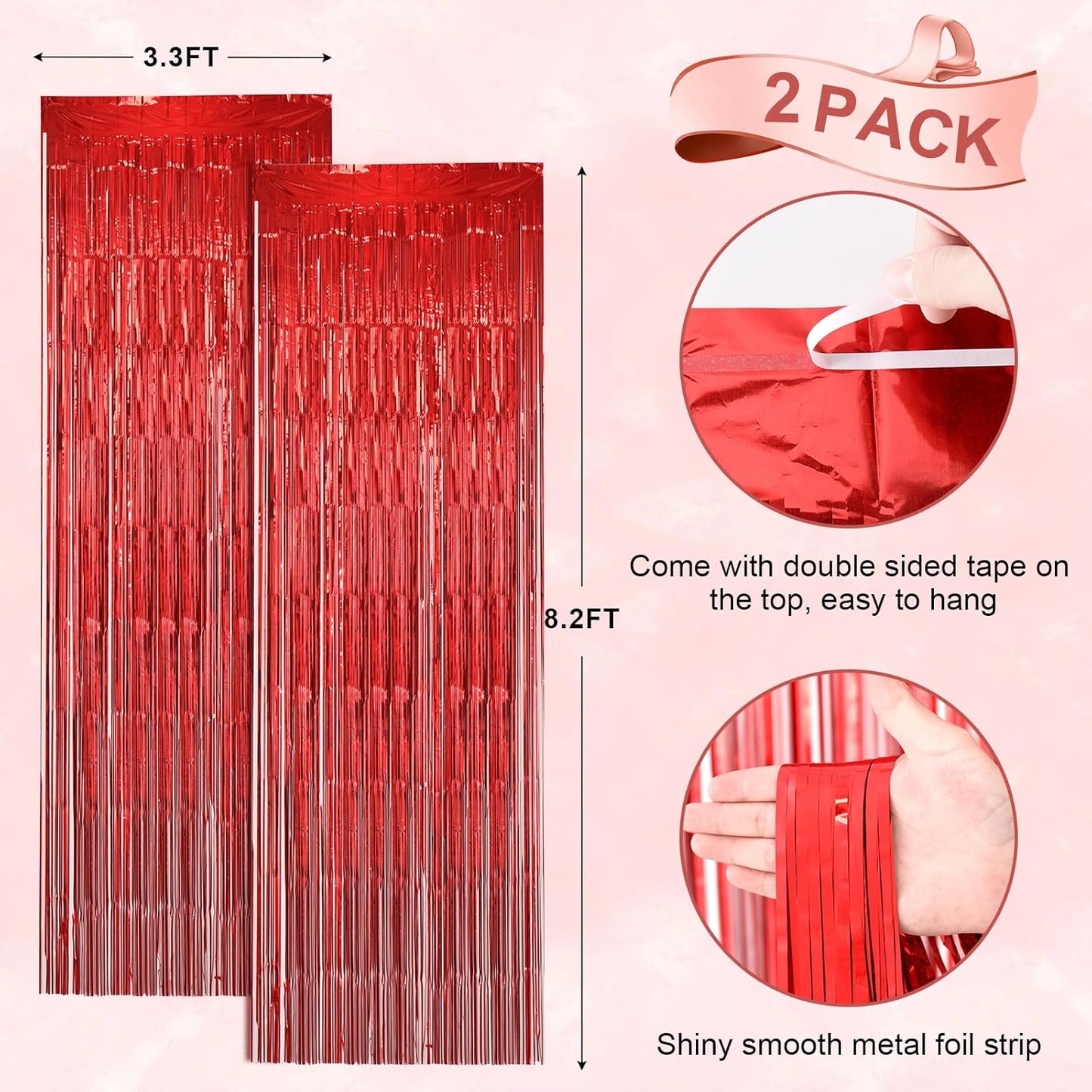 2 Pack Laser Red Foil Fringe Backdrop Curtains, Tinsel Streamers Birthday Party Decorations, Fringe Backdrop for Graduation, Baby Shower, Gender Reveal, Disco Party