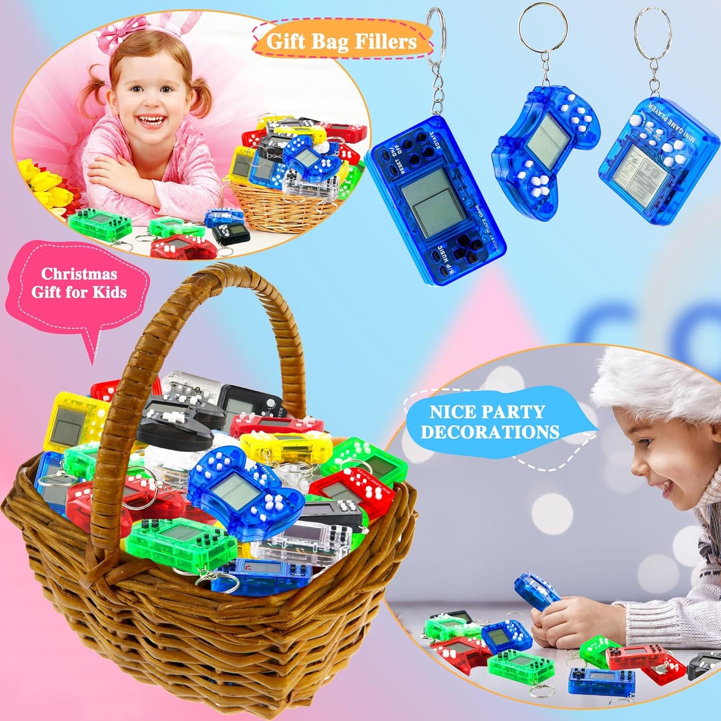 36 Pack Video Game Keychain Mini Square Handheld Video Game Key Chain for Kids Birthday Video Game Party Favors