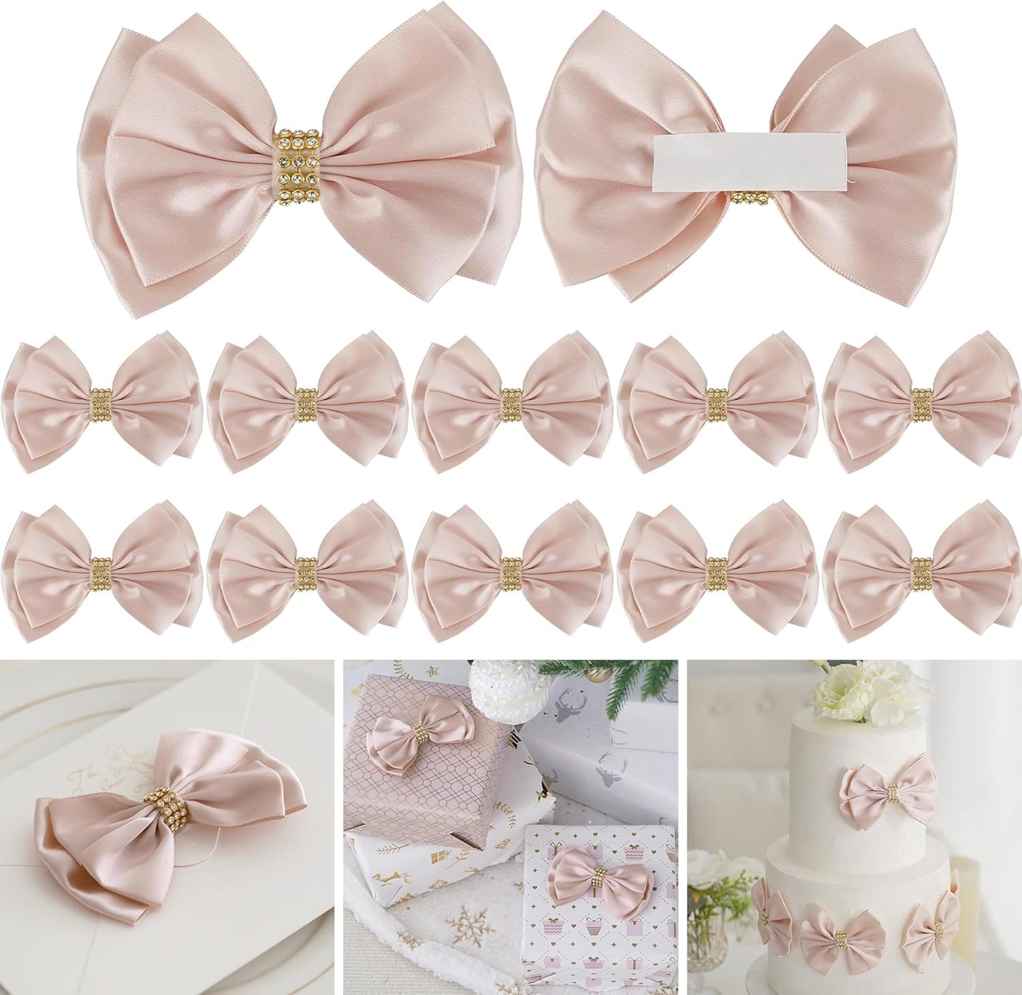 Pink Ribbon Bow 4'' Premade Satin Bows, Pink Gift Bows with Rhinestone, Rose Gold Bow for Presents, Greeting Cards, Treat Bags, Wine Bottle, Valentines Bows for Gift Wrapping-12 Counts