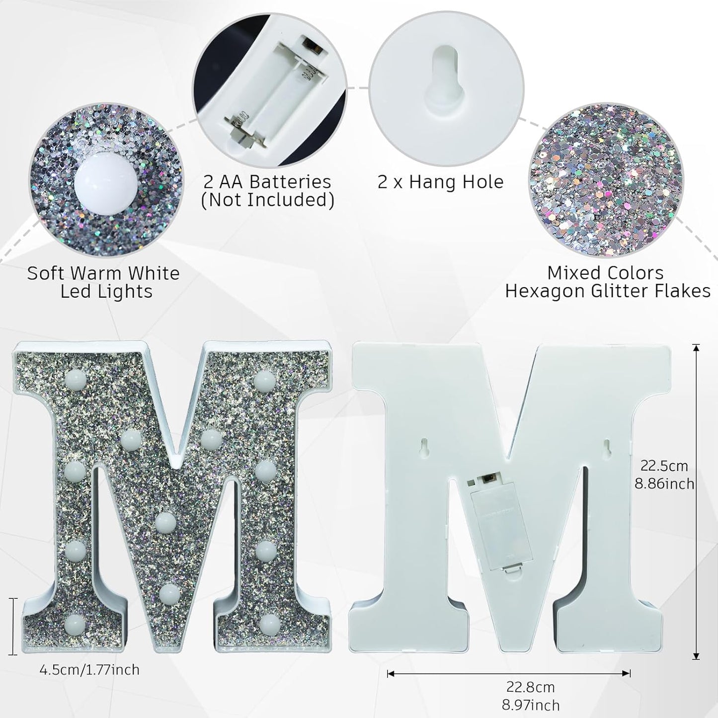 Light Up Marquee Letters for Table Decorations, Glitter Signs for Prom, Events, or Engagement Party Decor, Featuring Alphabet & Number Lighted Letters, Letter M