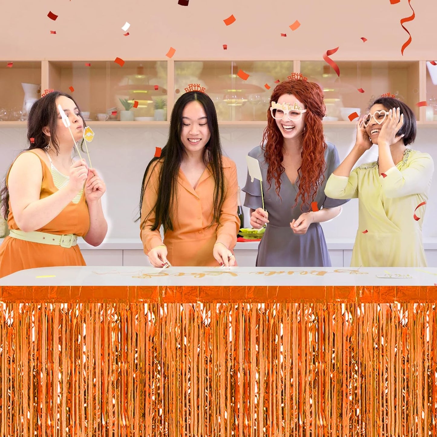 3 Pack 29 x108 Inch Orange Foil Fringe Table Skirts Metallic Banner for Tinsel Streamer Garland Backdrop for Parade Floats Wedding Thanksgiving Birthday Christmas Halloween New Year Party Decoration