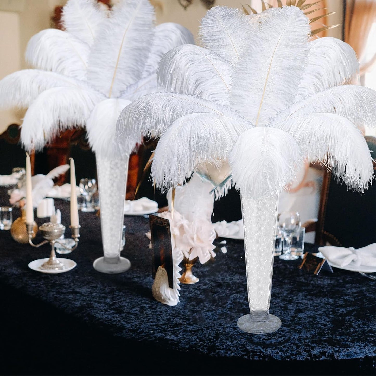 6 Sets Wedding Table Centerpiece Accessories Including 159 Pieces Natural Ostrich Feather Bulk Plastic Vases and Beads Necklaces for Wedding Home Party Centerpiece Supplies(White)
