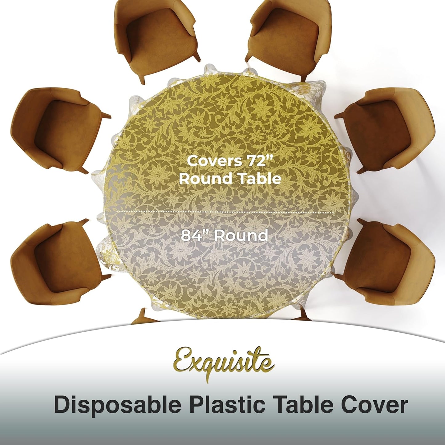 Exquisite Lace Table Cloth Round Table Plastic 12-Pack Lace Tablecloth Round 84" | Clear & Gold Floral Tablecloth Disposable | Wild Flower Party Decorations & Party Supplies