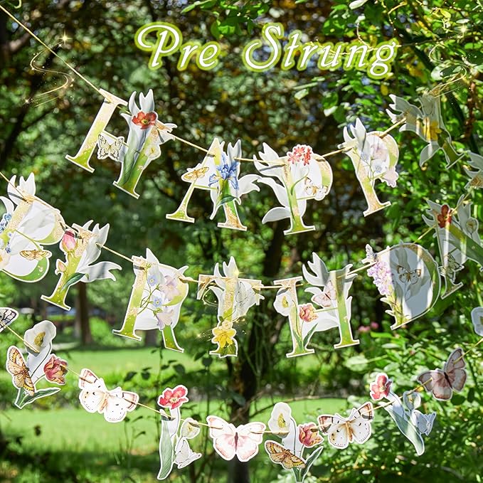 Sunbeauty Wildflower Butterfly Happy Birthday Banner | Garden Party Decoration | Floral Birthday Decorations | Pre-Strung