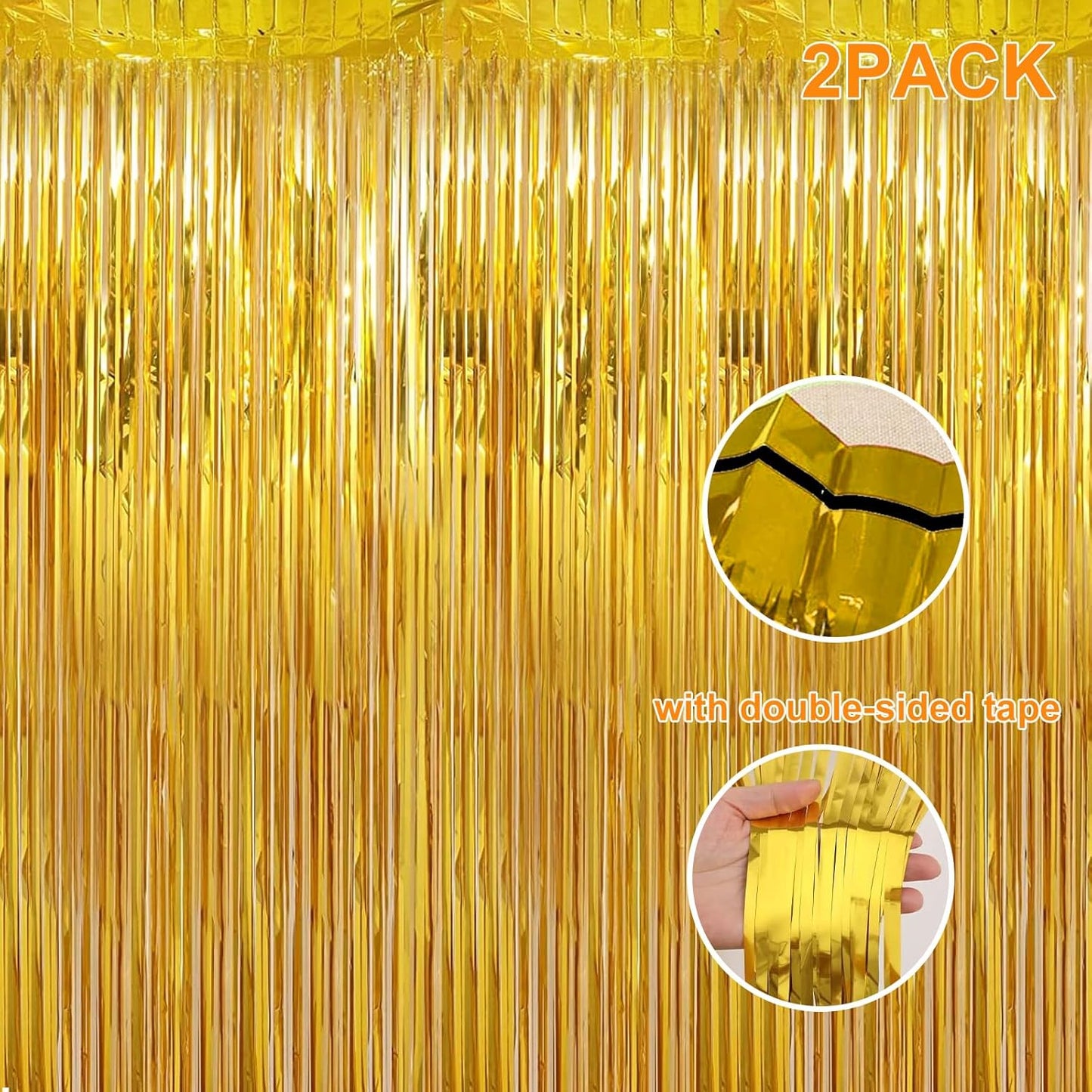 2 Pack 3.28 ft x 6.56 ft Golden Tinsel Curtain Party Backdrop Decorations, Metallic Foil Fringe Backdrop Door for Halloween, Christmas, Birthday Graduat