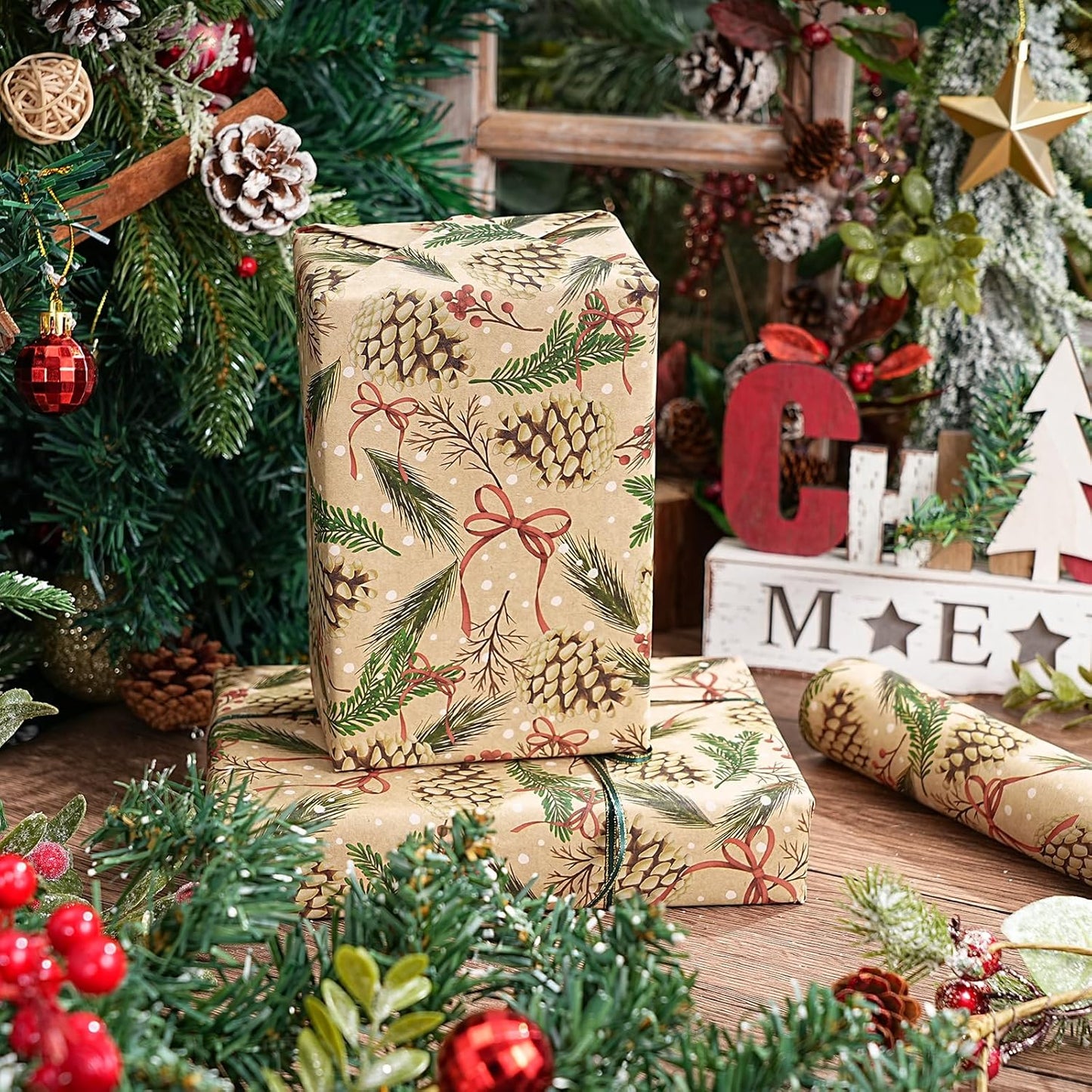 RUSPEPA Kraft Christmas Wrapping Paper Roll, Mini Roll, Pinecone and Greenery Design with Red Bow and Snowflake, Kraft Gift Wrap Paper for Christmas, Holiday, Winter Party, 17 Inches x 16.4 Feet
