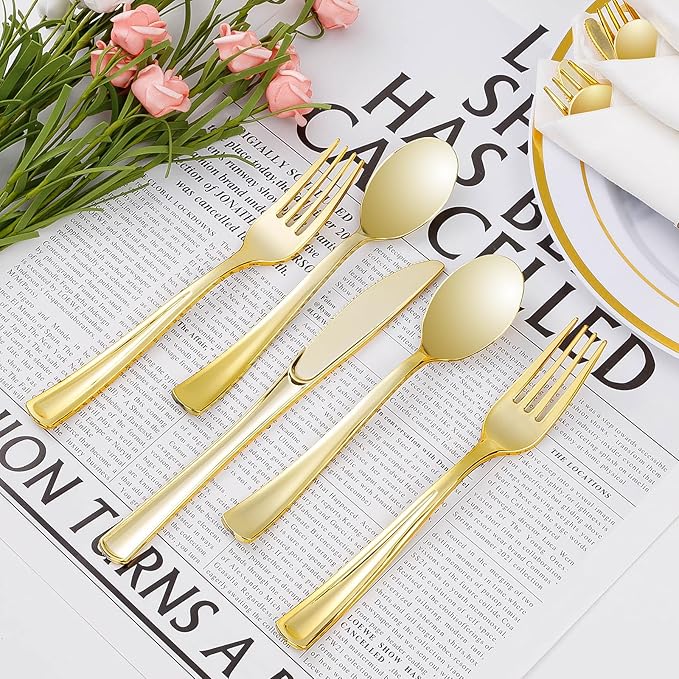 Goodluck 100 Pack Pre Rolled Gold Plastic Silverware, Wrapped Plastic Cutlery Set with Napkin Include 100 Forks, 100 Knives, 100 Spoons and 100 Napkins, Disposable Silverware for Party, Wedding