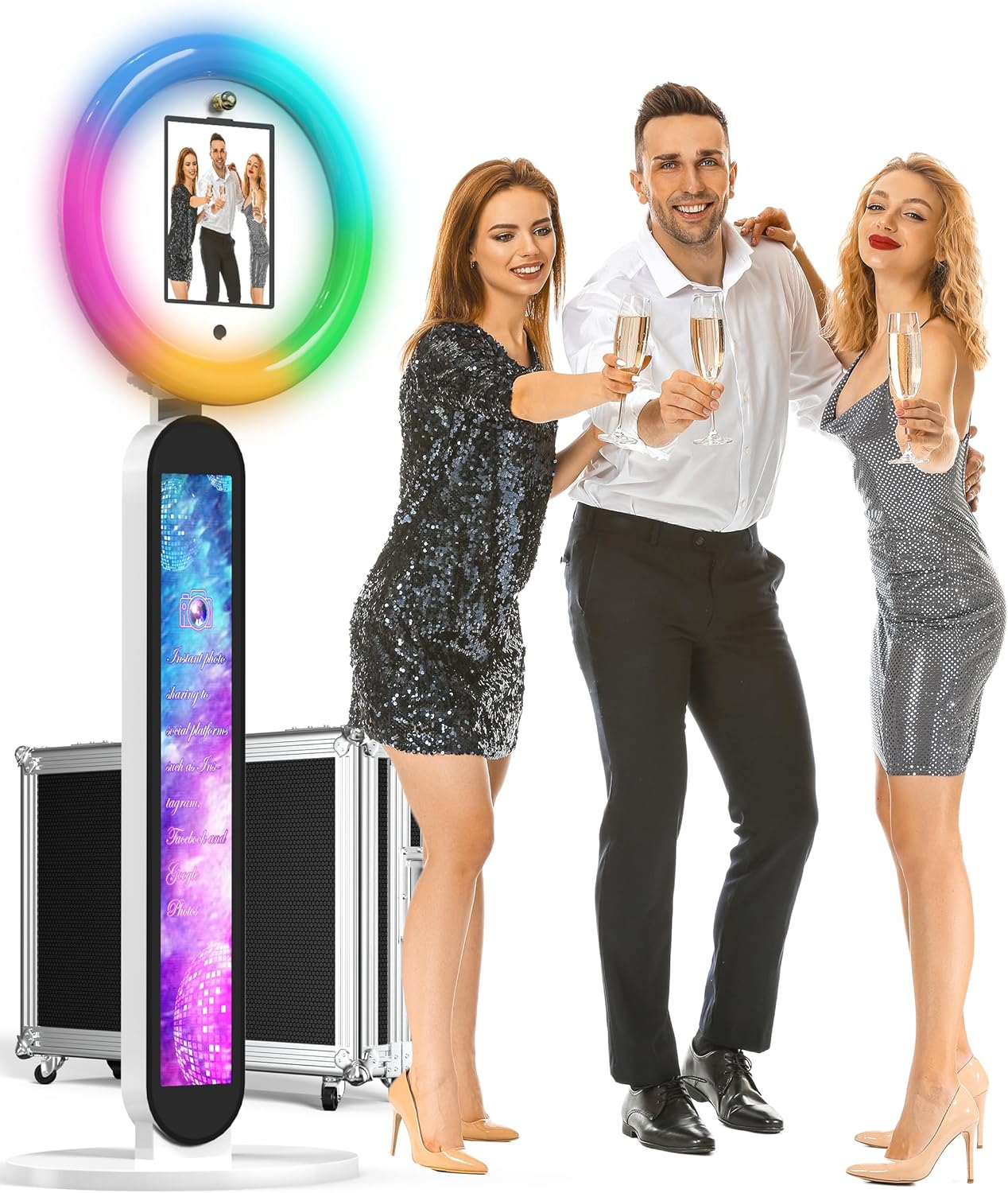 Photo Booth Stand for ipad Customized Logo Metal Selfie Photobooth Machine Fits 10.2", 10.9", 12.9" iPads, Provide Cyratok Software and Music Sync for Events,Rentals & Business Use(Flight Case)