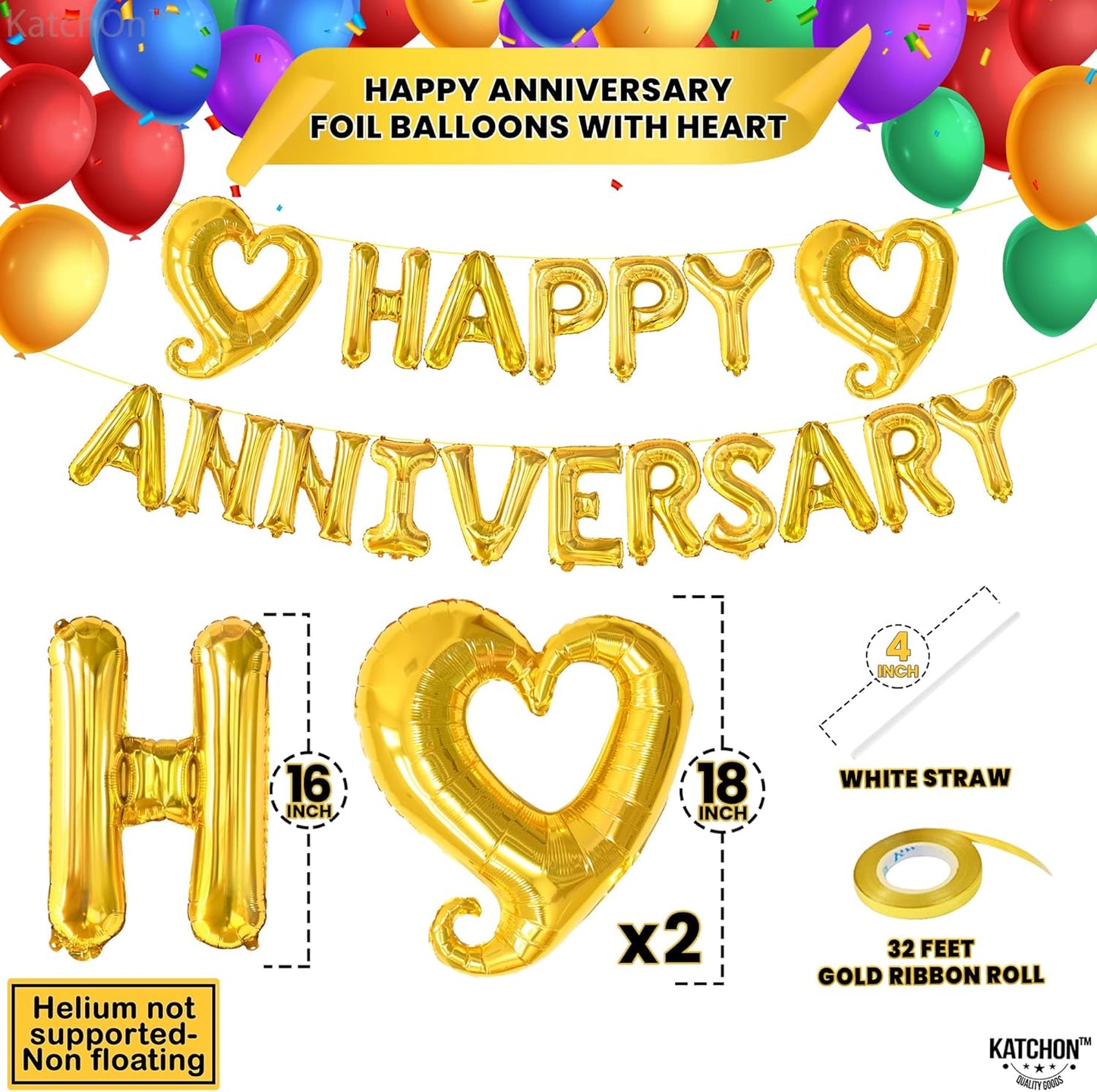 KatchOn, Gold Happy Anniversary Balloons Letters - 18 Inch, Heart Balloons Foil | Gold Happy Anniversary Banner for happy anniversary Decorations