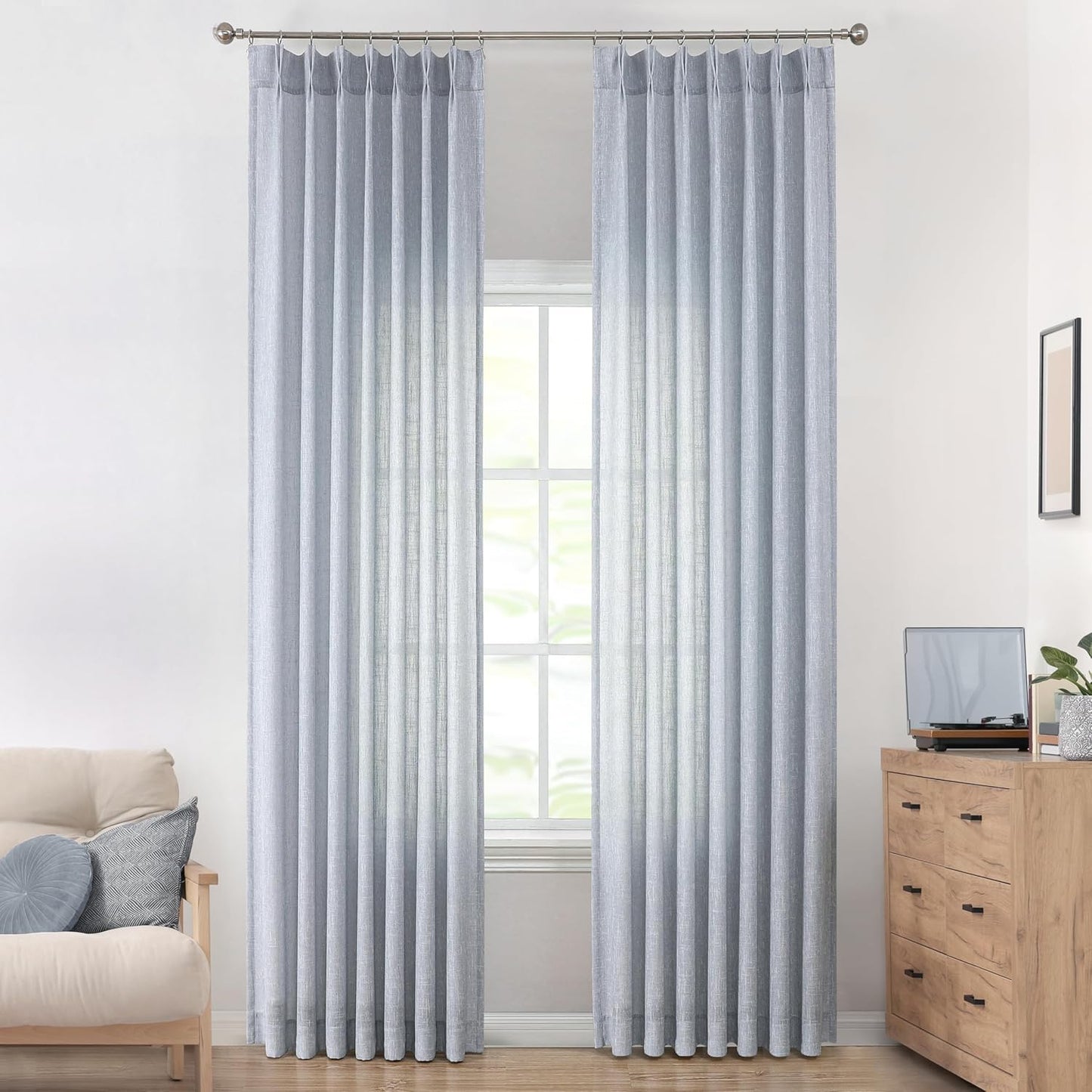 Vision Home Blue Pinch Pleated Semi Sheer Curtains Textured Light Filtering Window Curtains 112 inch for Living Room Bedroom Rayon Blend Chambray Blue Pinch Pleat Drapes with Hooks 2 Panels 40"Wx112"L