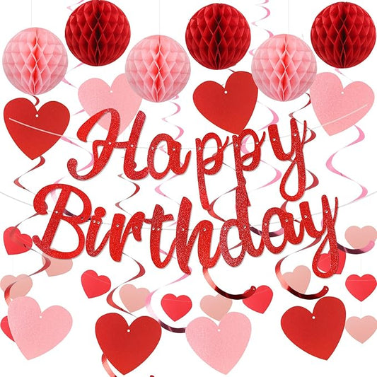 Birthday Decorations, NO DIY, Pre-Strung Happy Birthday Banner with Honeycomb Balls, Hanging Swirls, Circle Dots Garland, Happy Birthday Party Decorations for Women Men Boys Girls (Red)