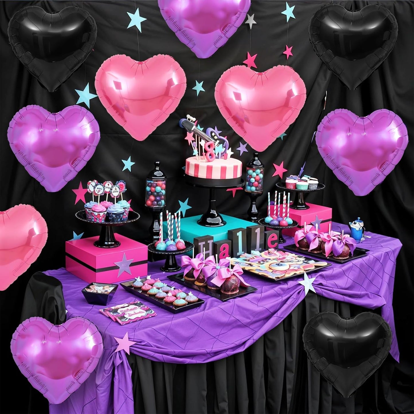 Pink Purple Heart Balloons,12Pcs Black Pink Heart Shaped Foil Balloons,18Inch Purple Pink Helium Polyester Film Balloon for Baby Shower Birthday Anniversary Wedding Party Decorations