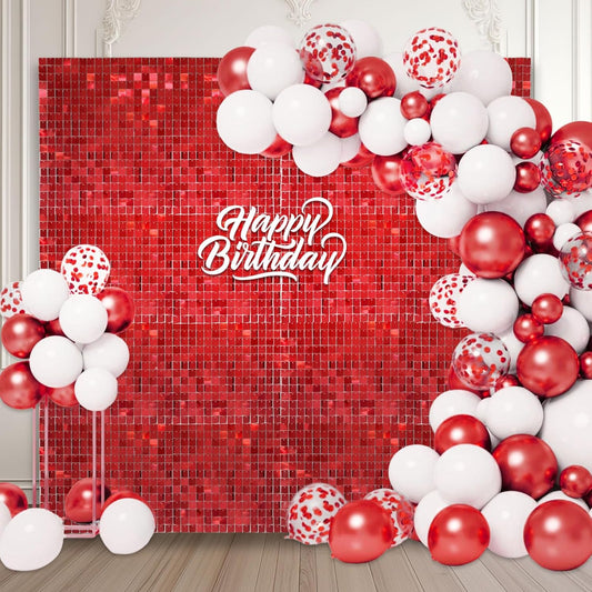 24PCS Red Shimmer Wall Backdrop, Square Sequin Backdrops Panel, Glitter Wall Background for Birthdays, Weddings, Christmas, Engagements, Disco Bachelorette Party Decoration (4FTx6FT)