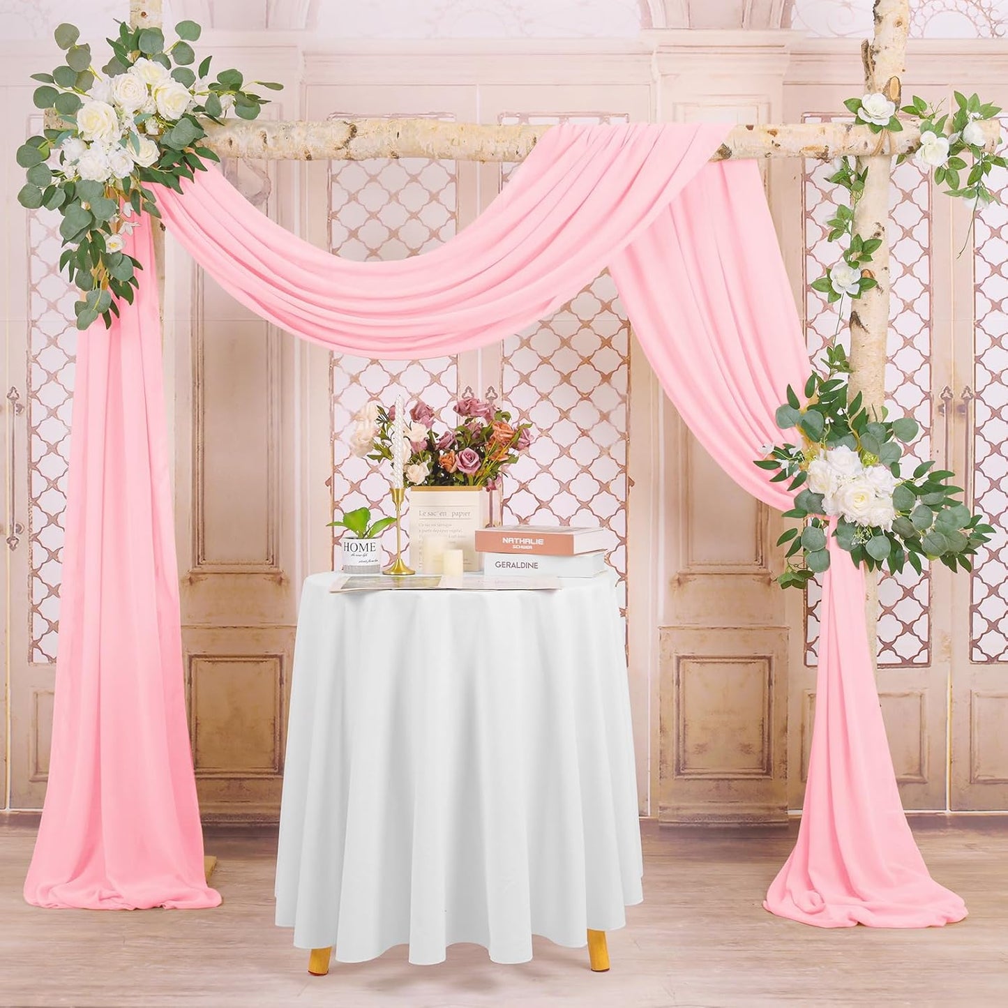 Wedding Arch Draping Fabric, 4 Panels 28" x20ft Pink Sheer Chiffon Curtain Drapes for Wedding Drapes Sheer Backdrop Curtains for Wedding Ceremony Reception Party Decoration