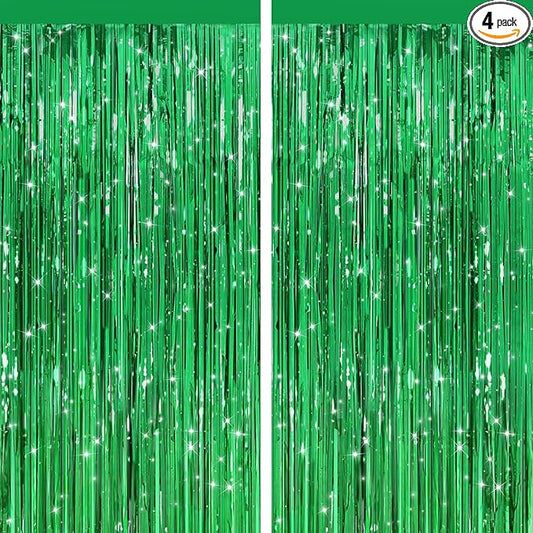 2 Pack Green Metallic Tinsel Foil Fringe Curtains, Door Streamers Photo Booth Backdrop for Birthday Party, Tinsel Curtain Backdrop for Baby Shower Bachelorette Christmas Party Decorations