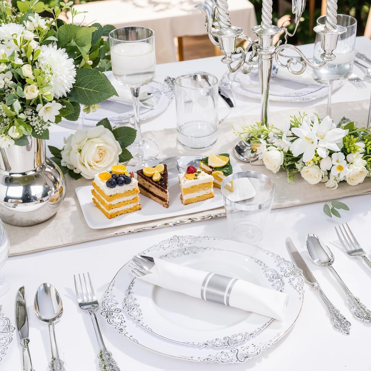 Liacere 350PCS Silver Plastic Plates&Pre Rolled Napkins for 50 Guests - Plastic Dinnerware Sets 100Silver Disposable Plates, 150Silver Silverware, 50Cups and 50Napkins for Wedding