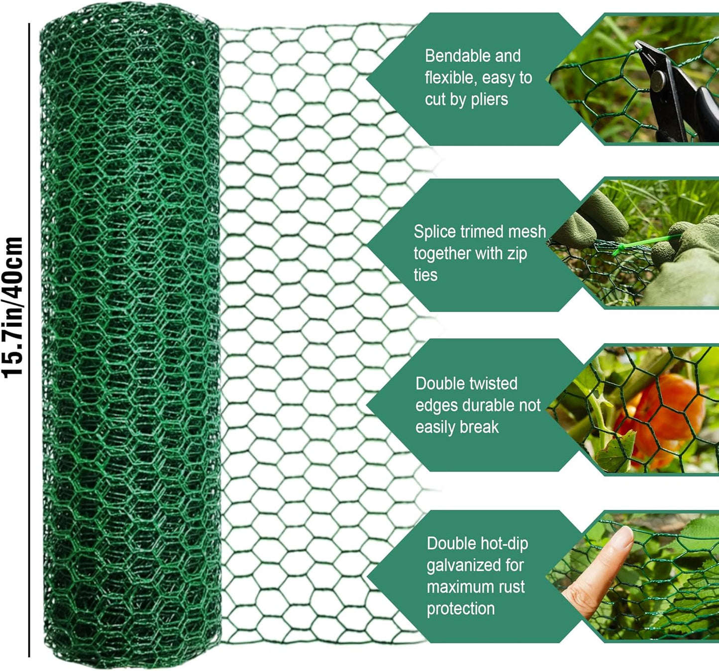 49.2Ft x16In Plant Protectors from Animals - Wire Plant Protector Cages for Outdoor Plants, Free-Cut Metal Mesh Plant Covers Guards Fence, Chicken Wire Cloche with Ground Stakes,Zip Ties