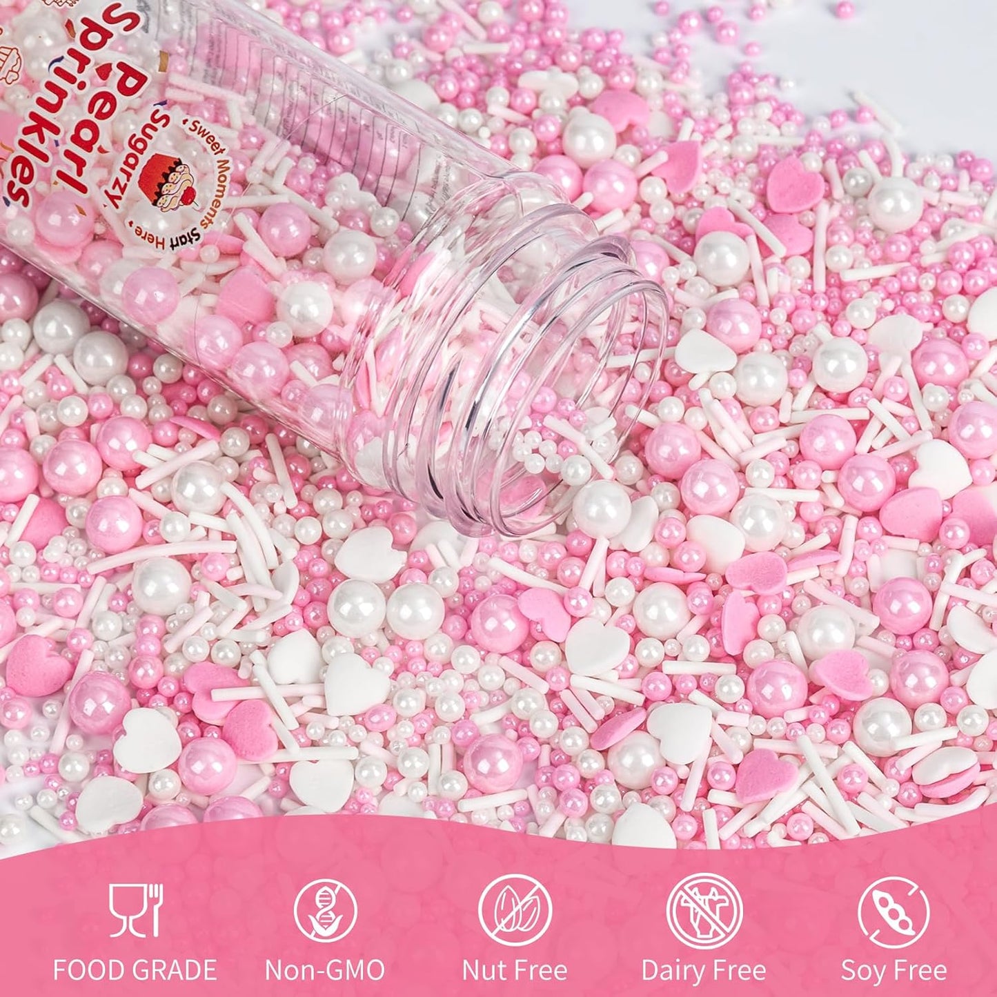 Edible Heart Sprinkles for Cake Decorating,White Pink Pearl Sugar Jimmies Mix Size 130g/4.58oz,Baking Candy Decorations,Cupcake Toppers,Cookie Donuts Ice Cream Dessert Decorating,Wedding Birthday Party Valentines Christmas Supplies