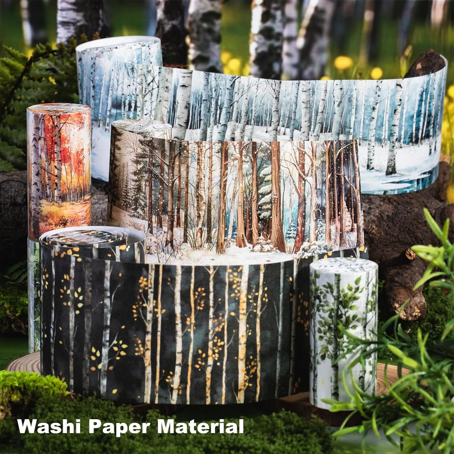 Forest Washi Tape Set, 6 Rolls Tree Landscape Stickers with Clip for Scrapbooking, Journaling and Planner Supplies