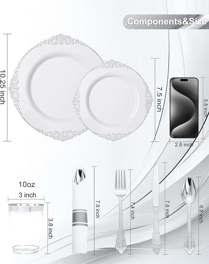Nervure 700PCS Silver Plastic Plates - Silver Plastic Dinnerware Sets for 100 Guests - 200 Disposable Plates, 300 Silverware, 100 Cups, 100 Napkins for Wedding & Party