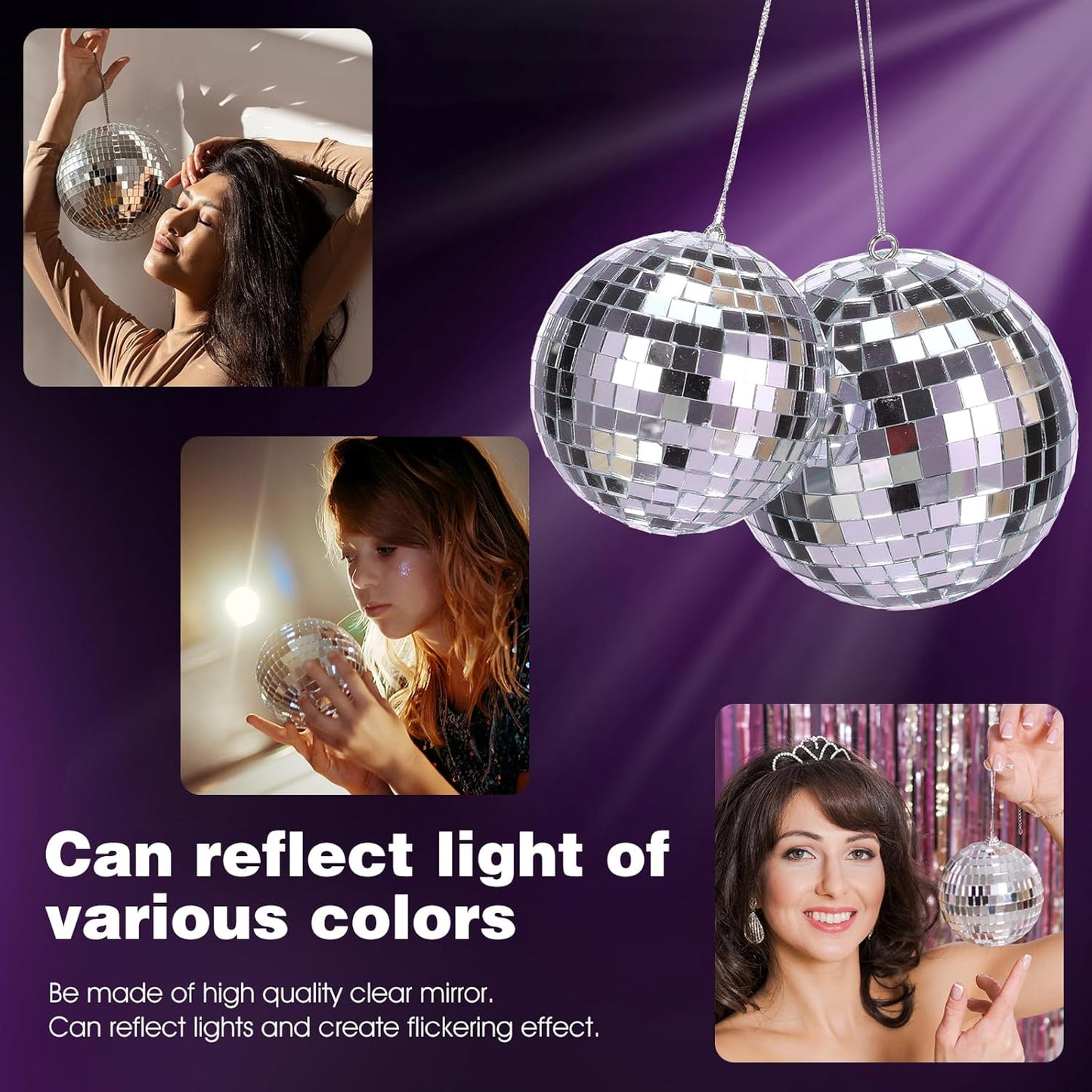 55Pcs Disco Ball Decor Hanging Mirror Disco Ball, 4Sizes Glitter Silver Mini Discos Balls Ornaments with Rope for 70s Discos Themed Birthday Party Supplies Christmas Tree Decors