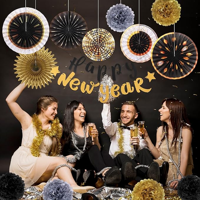 SUNBEAUTY New Years Eve Party Supplies 2026, Happy New Year Decorations Black Gold Hanging Paper Fans Tissue Pom Poms Happy New Year Banner for 2026 New Year Party Favor Supplies Decorations