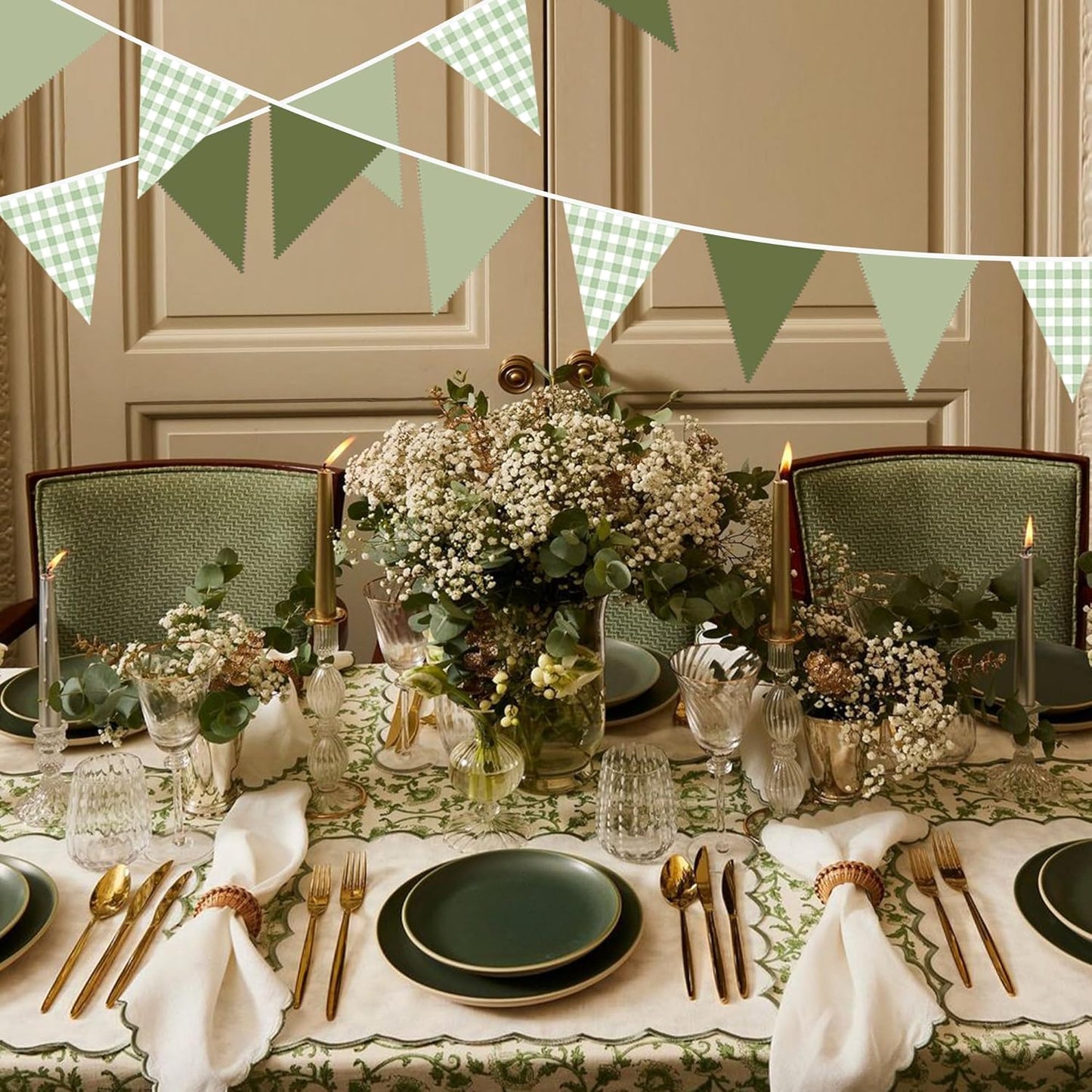 32Ft Sage Green Party Decorations Sage Gingham Banner Olive Green Buffalo Plaid Checkered Triangle Flag Pennant Fabric Garland Streamers for Birthday Baby Shower Wedding Picnic Golf Party Decorations
