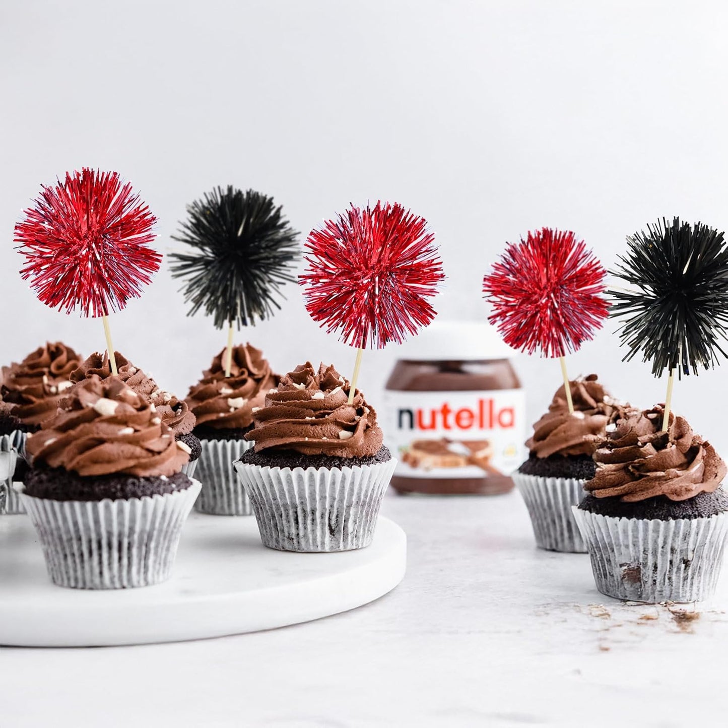 Ephlyn 30Pcs Foil Firework Cupcake Toppers Party Birthday Cake Toppers Supplies Sparkle Tinsel Cocktail Fruit Toothpick for Birthday Wedding Graduation Party Supplies Black Red