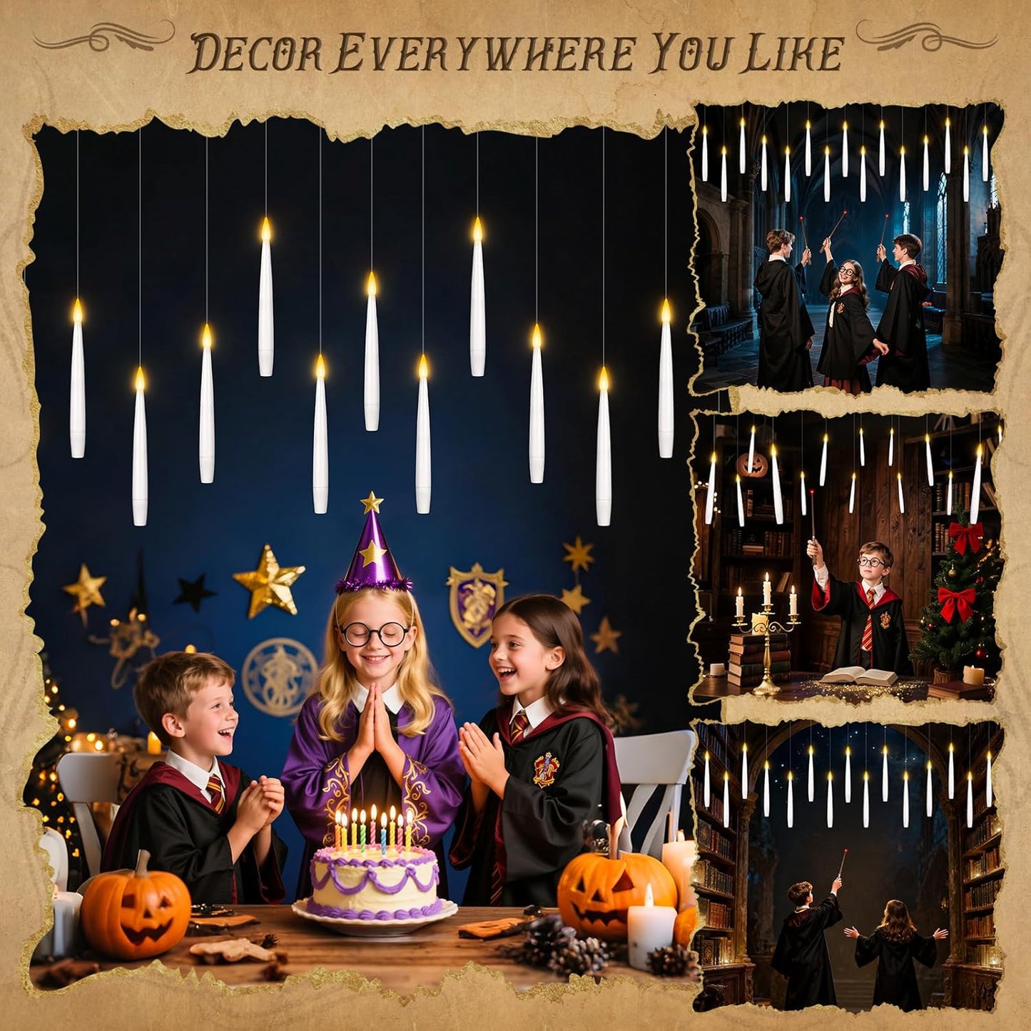Halloween Decorations, 20 Pcs Floating Candles with Wand Remote, Battery (indluded) Operated Magic Wand Hanging LED Candles, Flameless Flickering Taper Candles for Halloween Christmas Decor Birthday
