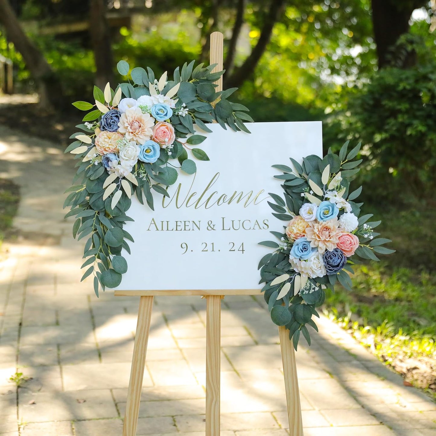 Artificial Blush Pink Wedding Arch Flower Swags Set of 2 for Wedding Welcome Signs and Ceremony Decorations, Blue Flowers