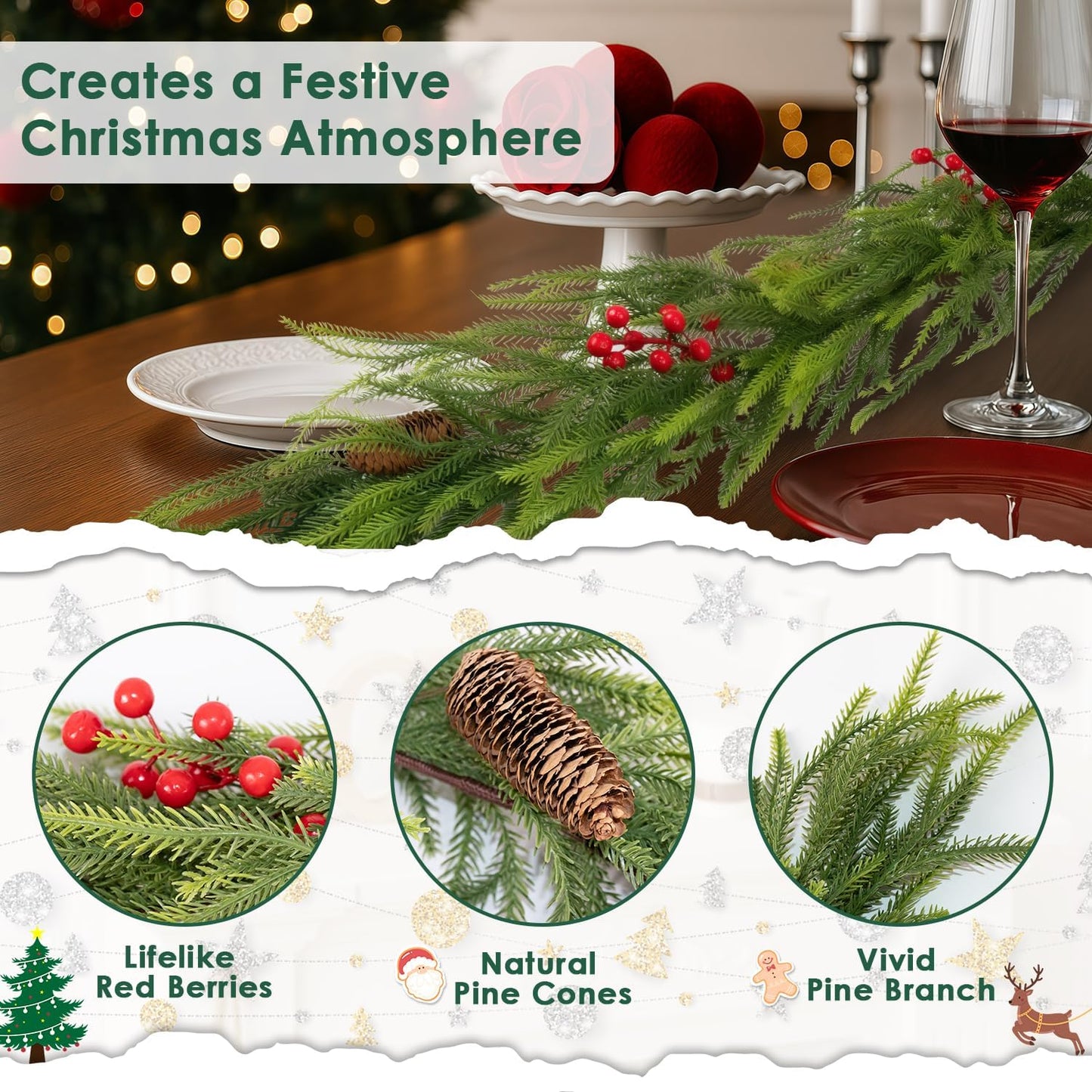 9FT Norfolk Pine Garland Christmas Artificial Greenery with Red Berries Cones, Pine Tree Decor for Mantel Fireplace Stair Rail Doorway Table, Indoor Outdoor Winter Christmas Decorations