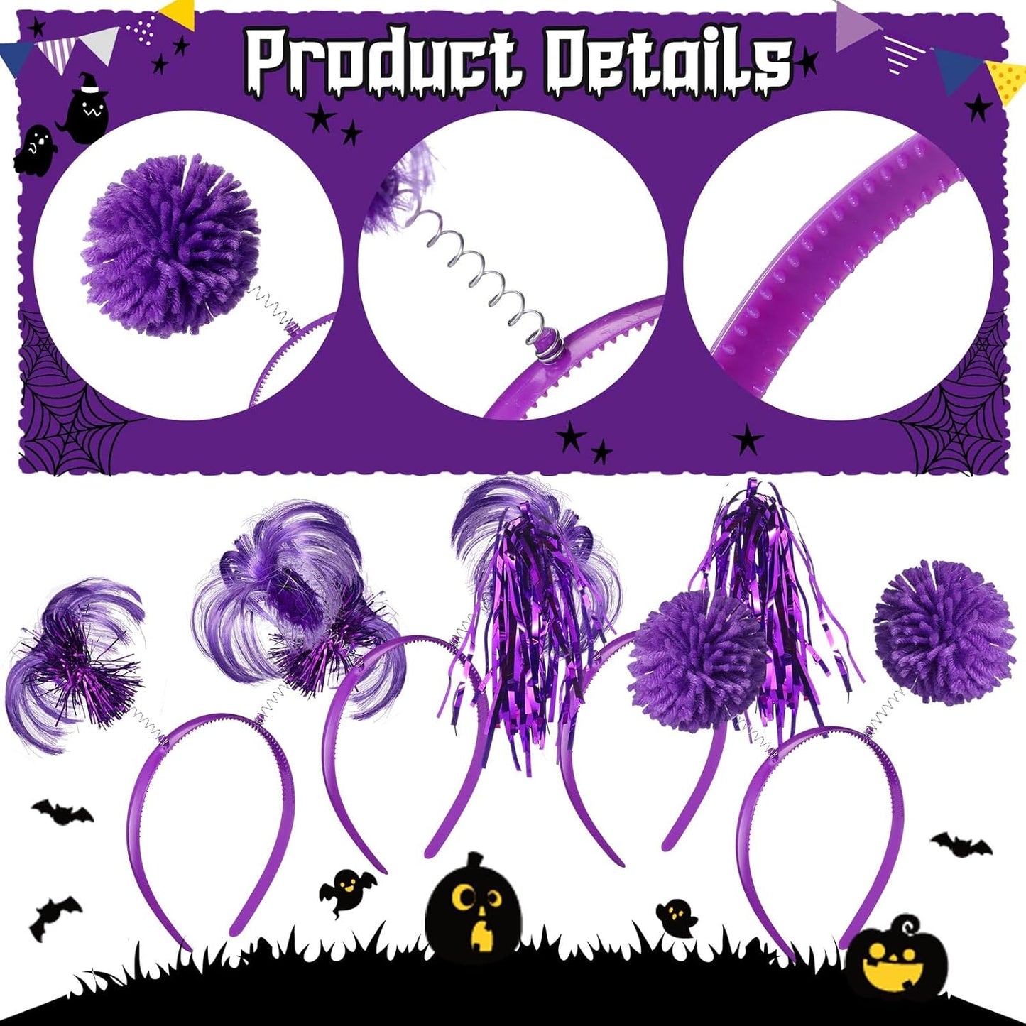 Censen 12 Pcs Halloween Pom Pom Party Headbands Tinsel Ponytails Spirit Head Bopper Headwear for Christmas Birthday Holiday