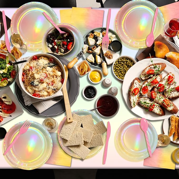 Iridescent Pastel Rainbow Party Decorations Serve 100, Holographic Pastel Paper Plates and Napkins, Disposable Iridescent Rainbow Party Plates Cups Napkins for Girls Birthday Wedding Baby Shower Party