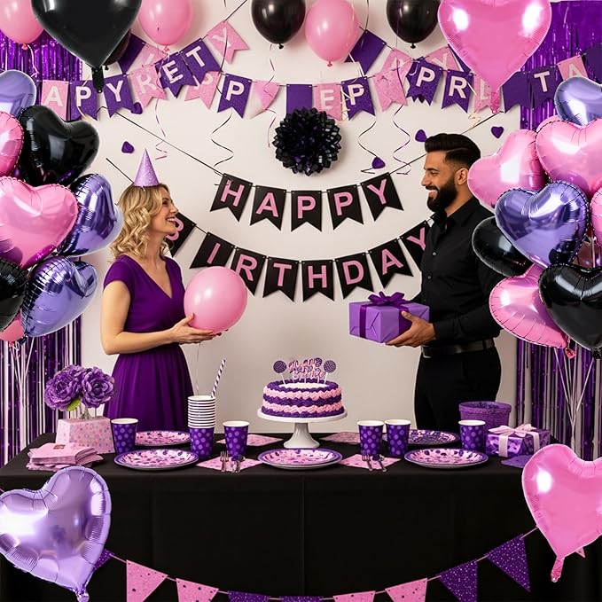 TONIFUL 30Pcs 18 Inch Black PInk Light Purple Balloons Heart Shape Foil Mylar Banners Decoration for Birthday Valentine's Day Wedding Bridal Shower Anniversary Engagement Party Supplies