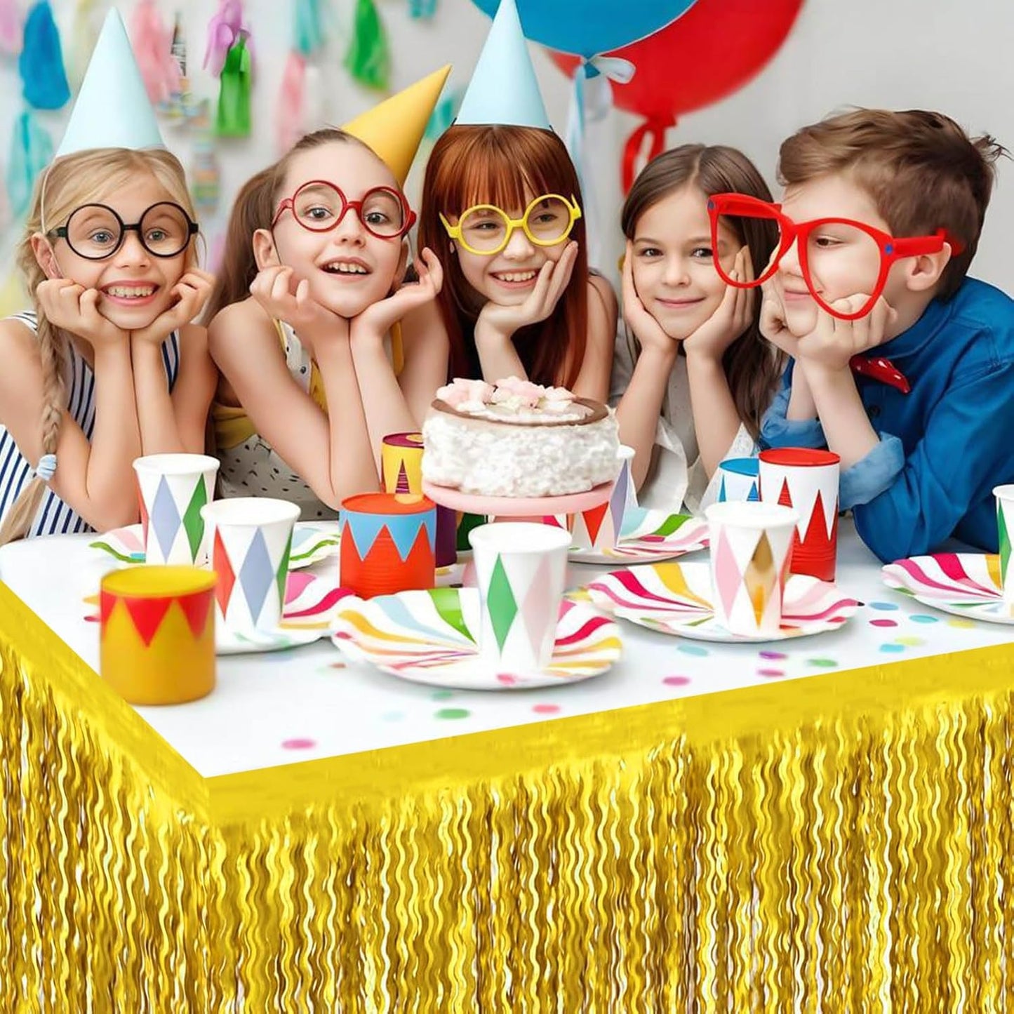 6 Pack 29x108 Inch Gold Wave Foil Fringe Table Skirts Metallic Banner for Tinsel Streamer Garland Backdrop for Parade Floats Wedding, Mother's Day, Birthday Mardi Gras Party Decorations